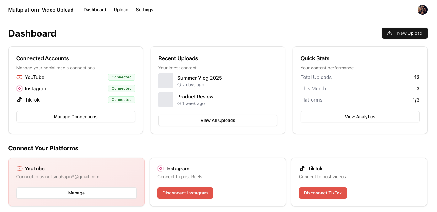 Multiplatform Video Upload Dashboard